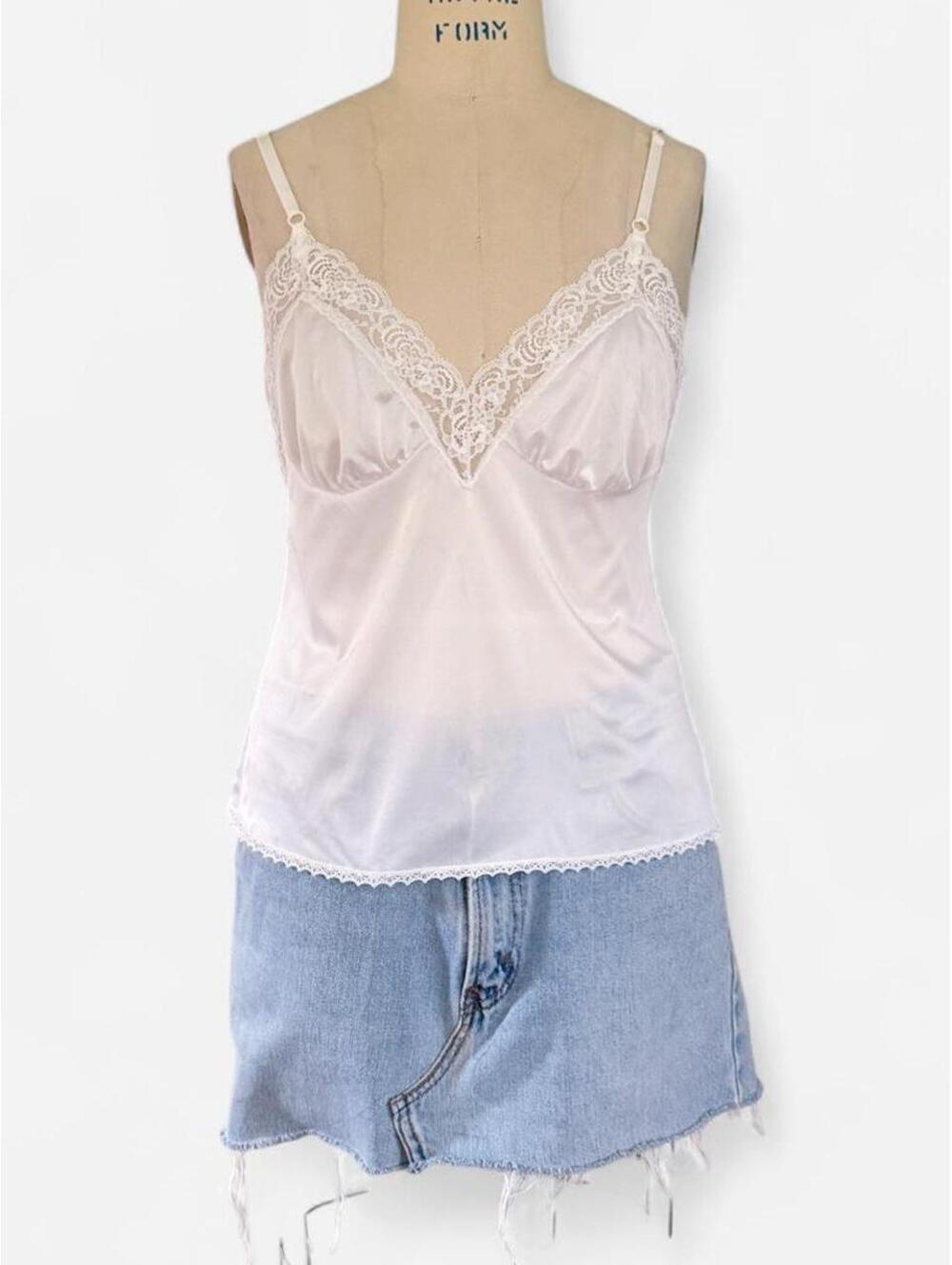 Vintage 90s Lace Trim Nylon Cami in White